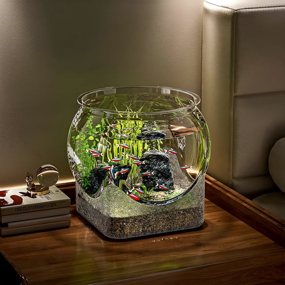 HIBIBUD Aquarium Small Fish Tank Break-Resistant Plastic Fish Bowl Clear Round Bowl Terrarium Desktop Golden Fish Tank with Filter and Light
