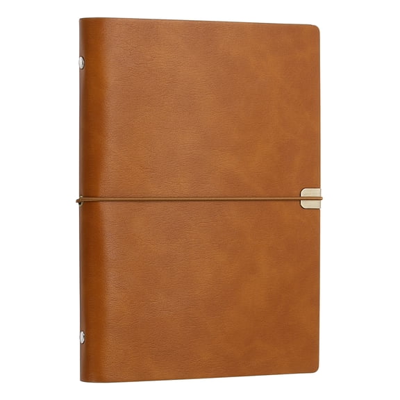Uxcell A5 Leather Binder Journal Cover, 6 Ring Refillable Binder Loose Leaf Notebook Protector with Elastic Closure No Paper for Work Meeting Notebook Folder, Brown