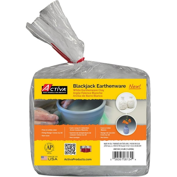 Activa Blackjack White Earthenware Clay, 4lb (1.81kg) - Natural Clay for Kiln Firing | Perfect for Creating Flower Pots, Sculptures, Arts & Crafts