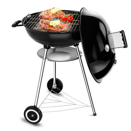 Black Kettle Grill - Gymax 22.5-Inch Kettle Charcoal Grill BBQ Outdoor Backyard Cooking with Wheels Black