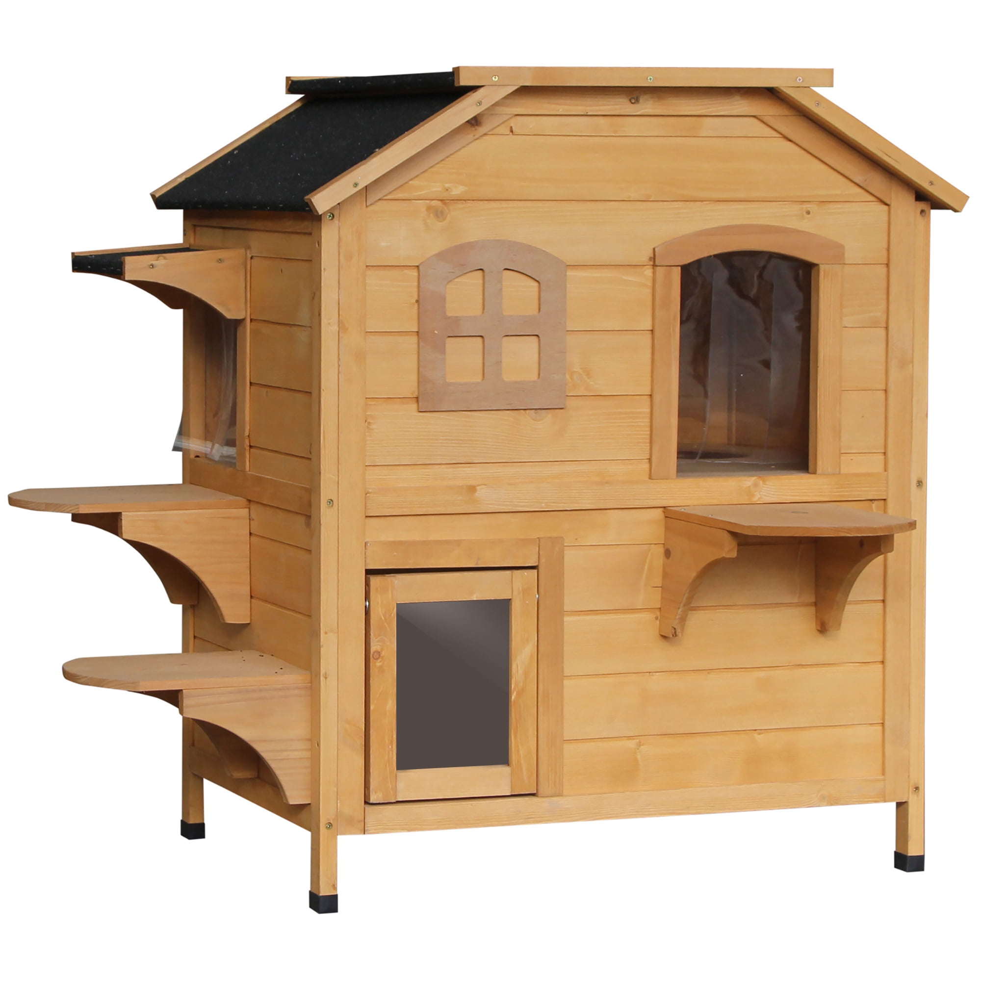 Noaman PawHut 2-Story Outdoor Cat House, Weatherproof Wooden Cat Enclosure for Feral Cats with Escape Door, Openable Roof, Jumping Platforms, Natural Wood, 35"L x 29.1"W x 6.2"H, 37lbs
