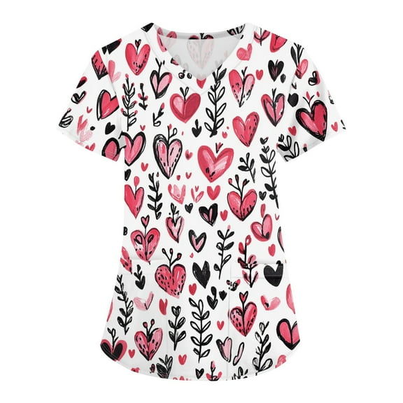 Valentine's Day Womens Scrub Tops Love Heart Printed V Neck Breathable T-Shirts Short Sleeve Professionals Soft Stretch Workwear Shirt with Pockets multicolor XX-Large