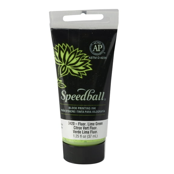 Speedball Block Printing Ink, Water-Based, 1.25 oz., Fluorescent Lime Green