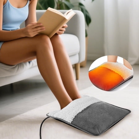 Electric Heated Foot Warmers for Men and Women, Constant 50°C Soft Plush Heated Foot Pad, Non-Slip Washable for Home Office Desk Car Travel, Gray