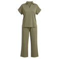 thumbnail image 5 of VBVC Women's Collared V-Neck 2 Piece Lounge Set, Casual Summer Tracksuit Outfit with Drawstring Wide Leg Pants and Pockets,Army Green,S-2XL, 5 of 7