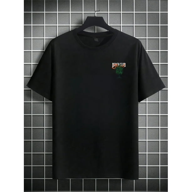 Camiseta de manga corta para hombre - Estampado gráfico de palmeras tropicales y club de playa, corte holgado, cuello redondo informal, tejido de poliéster transpirable, lavable a máquina. Ropa de pla