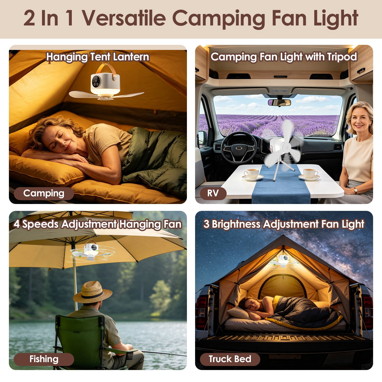 Multi-Mode Camping Fan, Lantern Combo Adjustable Wind & Light Levels Timing Function, Dual Control Panel & Remote Detachable Fan Blades Floor Stand Hanging Strap Included