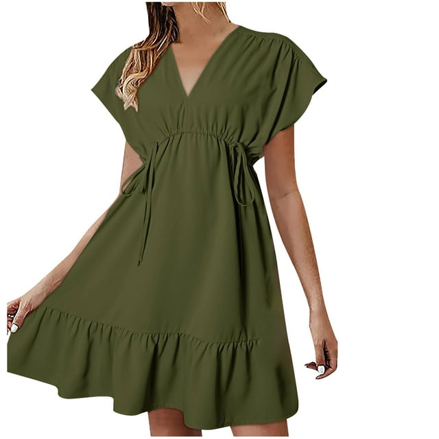 Hyknon Robes pour Femmes Mode Robes Manches Courtes Col en V Cordon Décontracté Volanté Robe Ligne A Mini Robe Décontractée Douce Fluide Ample