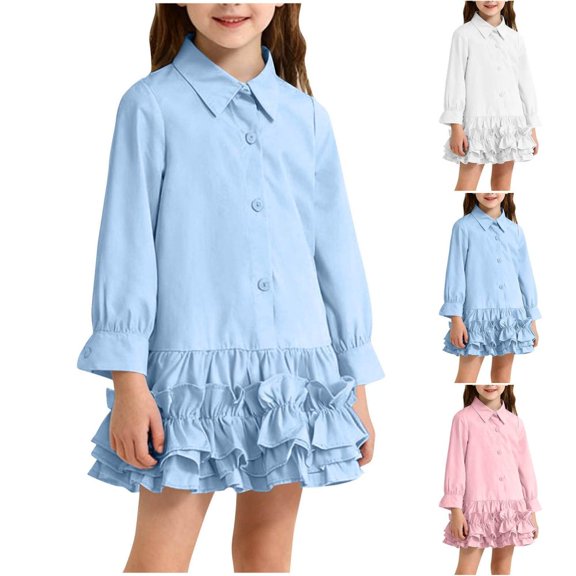Bxsruta Girls Lapel Button Long Sleeve Dress Soft Casual School Uniform Pleated Skirt Dresses Sizes 1-10 Years
