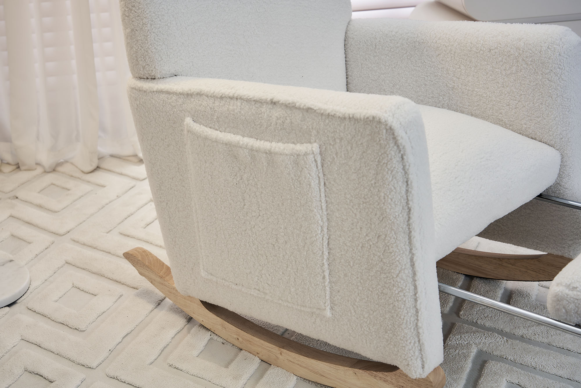 Cotton Linen Rocking Chair Adjustable Footrest, Wooden Legs 300 LBS Capacity Easy Assembly Living Room or Bedroom Furniture