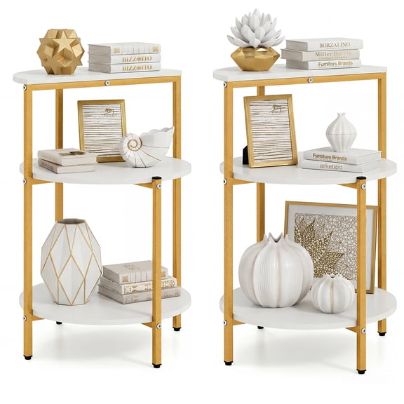 Gymax 2PCS 3-Tier Side Table Round End Table w/Storage Shelves Metal Frame for Bedroom