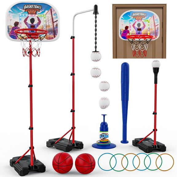 JoyStone 6 in 1 Kids Basketball Hoop and T Ball Set Ring Toss Game, Toddler basketball hoop with Electronic Scoreboard Music and LED Lights, Sports Gifts Toys for Boys Girls