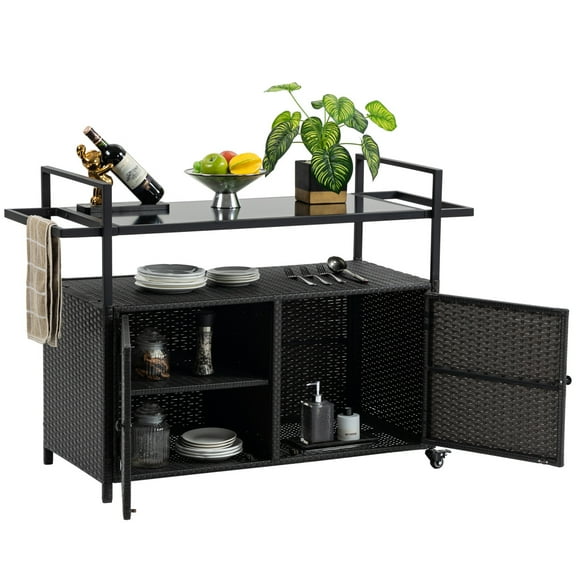 Outdoor Wicker Bar Cart, Patio Bar Console Table with Storage Cabinet & Glass Top, Patio Serving Table with Wheels for Outside Backyard Kitchen, Black