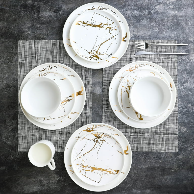 Stone Lain 16 Pieces Porcelain Gold Splash White Round Dinnerware - Main Image