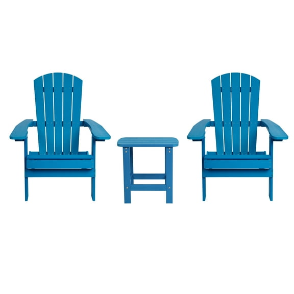 Flash Furniture 2 Pack Charlestown All-Weather Poly Resin Folding Adirondack Chairs with Side Table in Blue