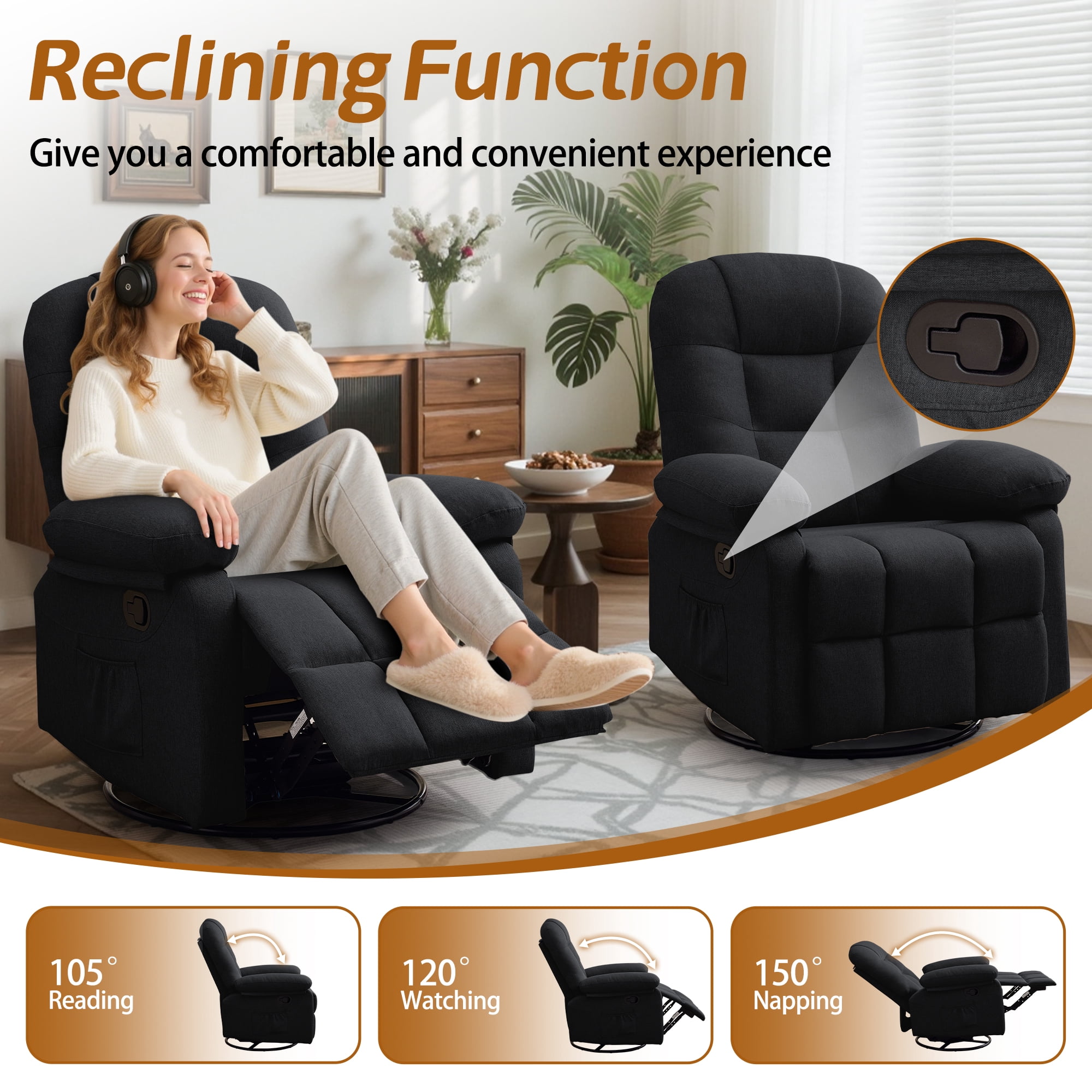 Korser Manual Swivel Rocker Recliner Chair for Living Room,Small Recliner Sofa for Small Spaces,Linen Fabric,Dark Black