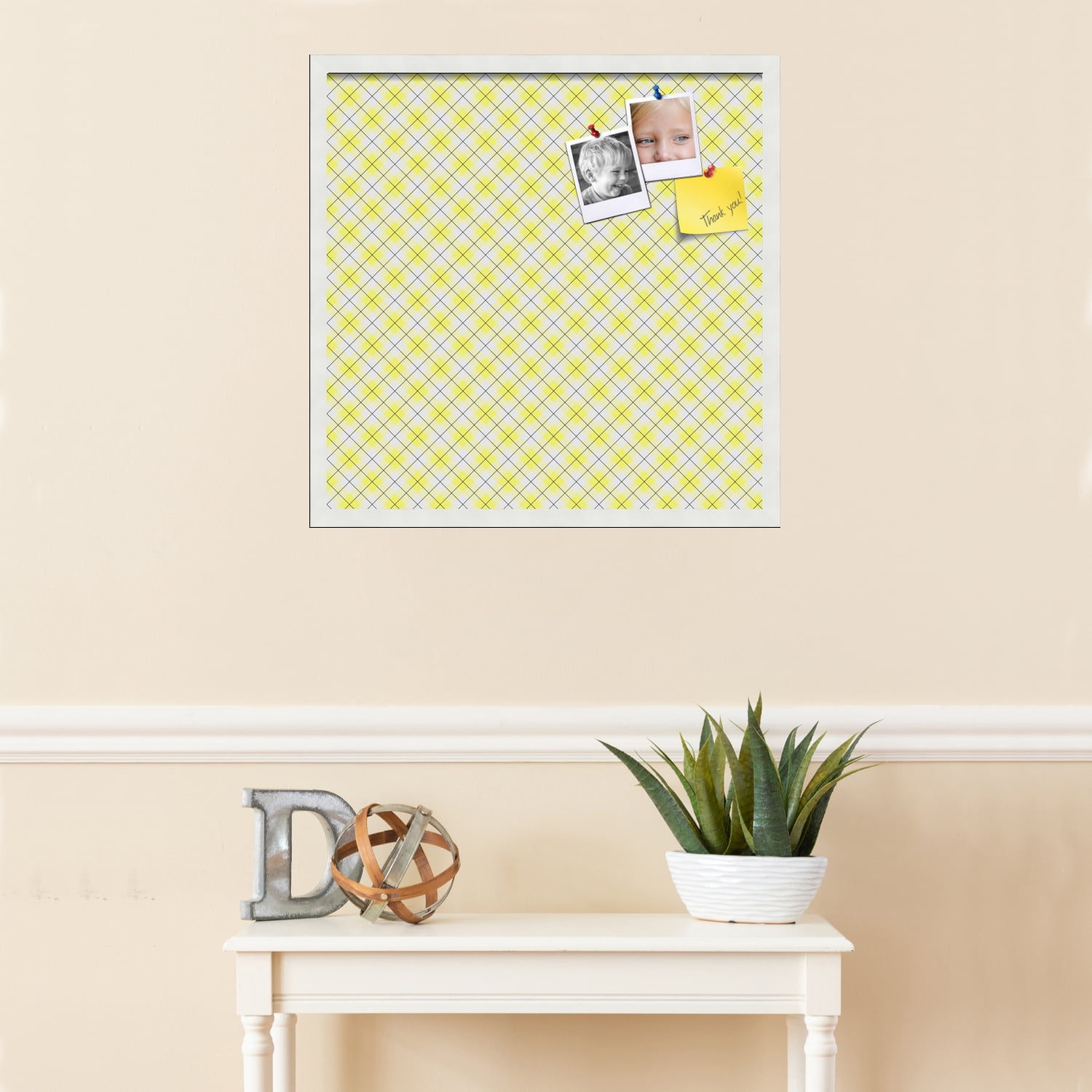 PinPix ArtToFrames 22x22 Custom Cork Bulletin Board Argyle Bright Yellow   Poster Board Has a Fabric Style Canvas Finish, Framed in Satin White Frame (PinPix-647)