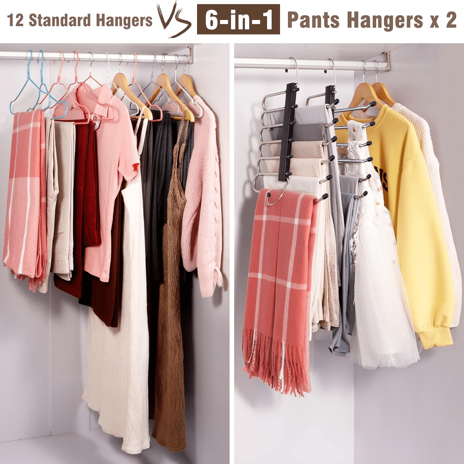 3 Pack Pants Space Saving Hangers ,Space Saving 2 Pack 6 Tier and 1 Pack 9 Tier Pant Hangers, Anti-Slip, Stainless Steel,  Black