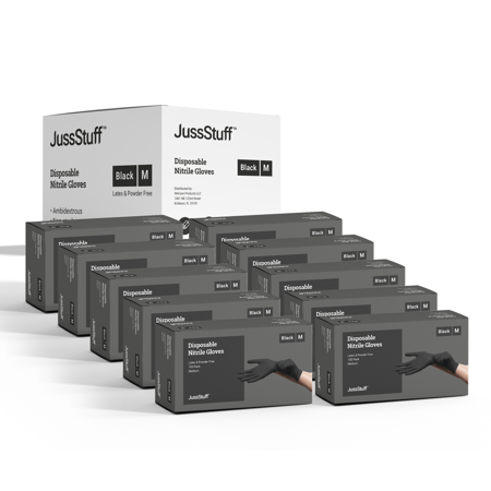 JussStuff Nitrile Gloves  Exam Gloves - Black - 10 Boxes of 100 Gloves (1000 Total) (Medium)
