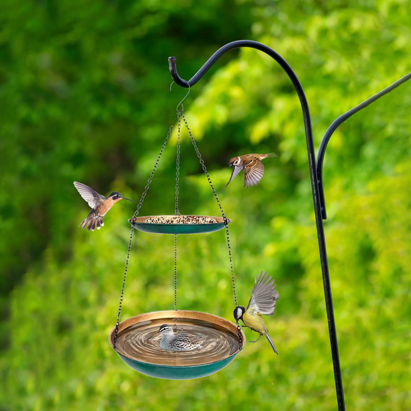 Hanging Bird Feeder and Bath 2-in-1 Rust-Proof Platform Tray with Drainage Holes Multi-Functional Outdoor Wild Bird Waterer Seed Feeder for Garden Patio Yard