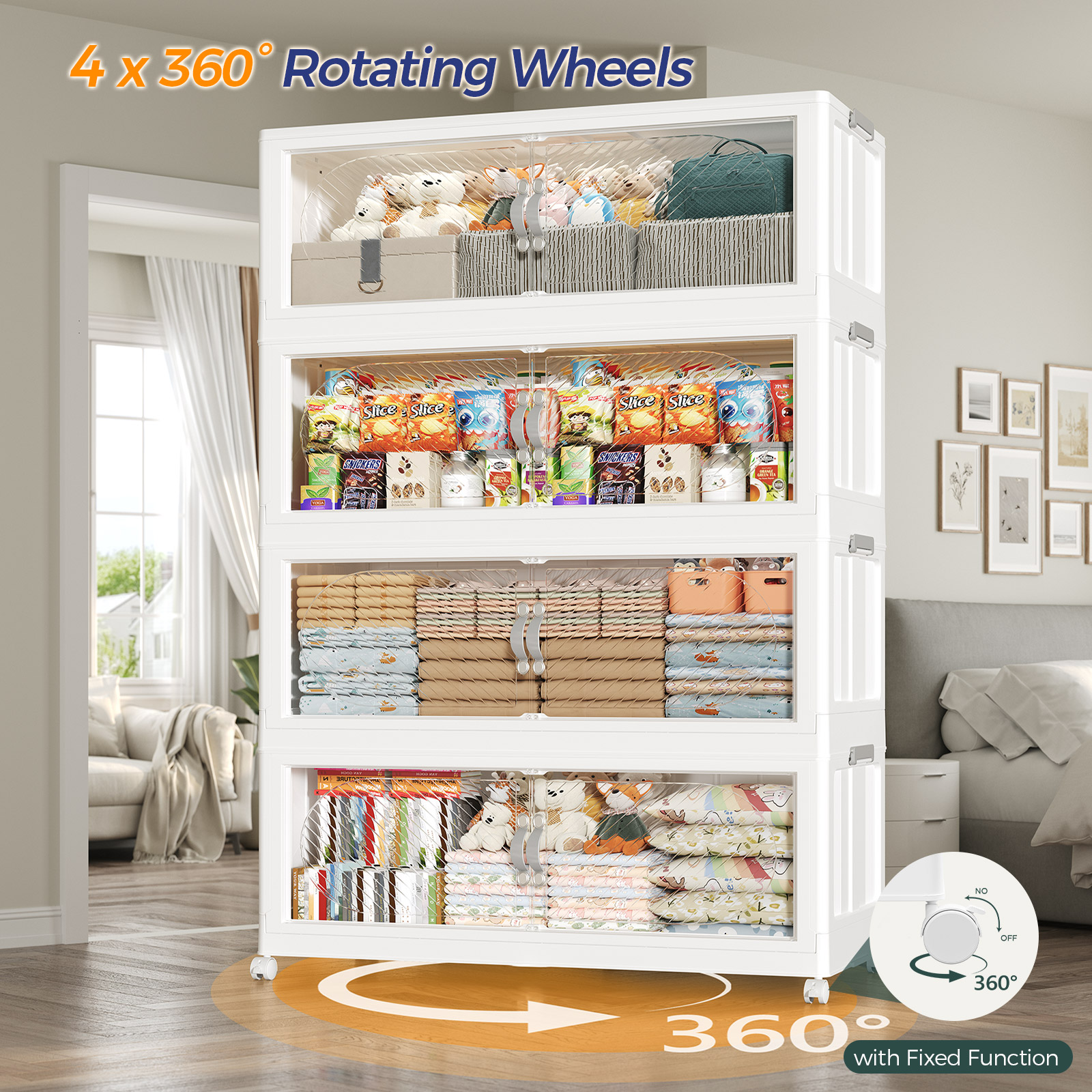 Fangtueh 240GAL Plastic Storage Bins with Lid, 960QT Extra Large Stackable Closet Organizers and Storage, Collapsible Storage Boxes with Wheels, Folding Cabinet for Home Kitchen Office, 6Pack White