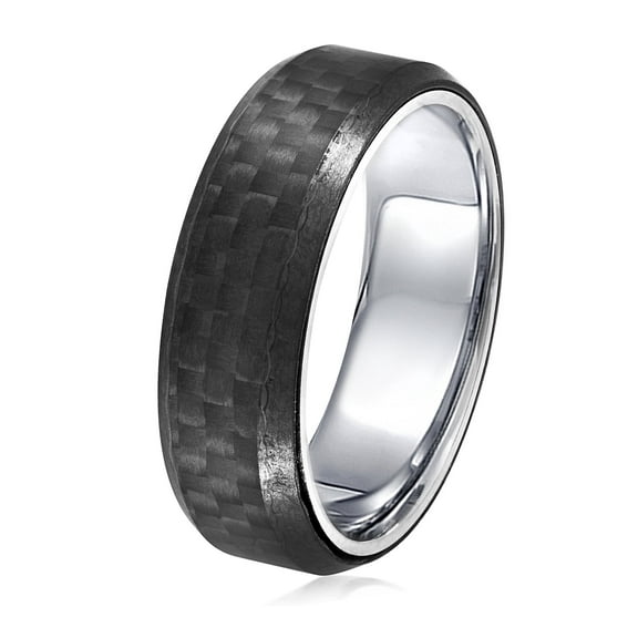 Crucible Jewelry Men's Carbon Fiber Beveled Edges Steel Band Ring (7mm)
