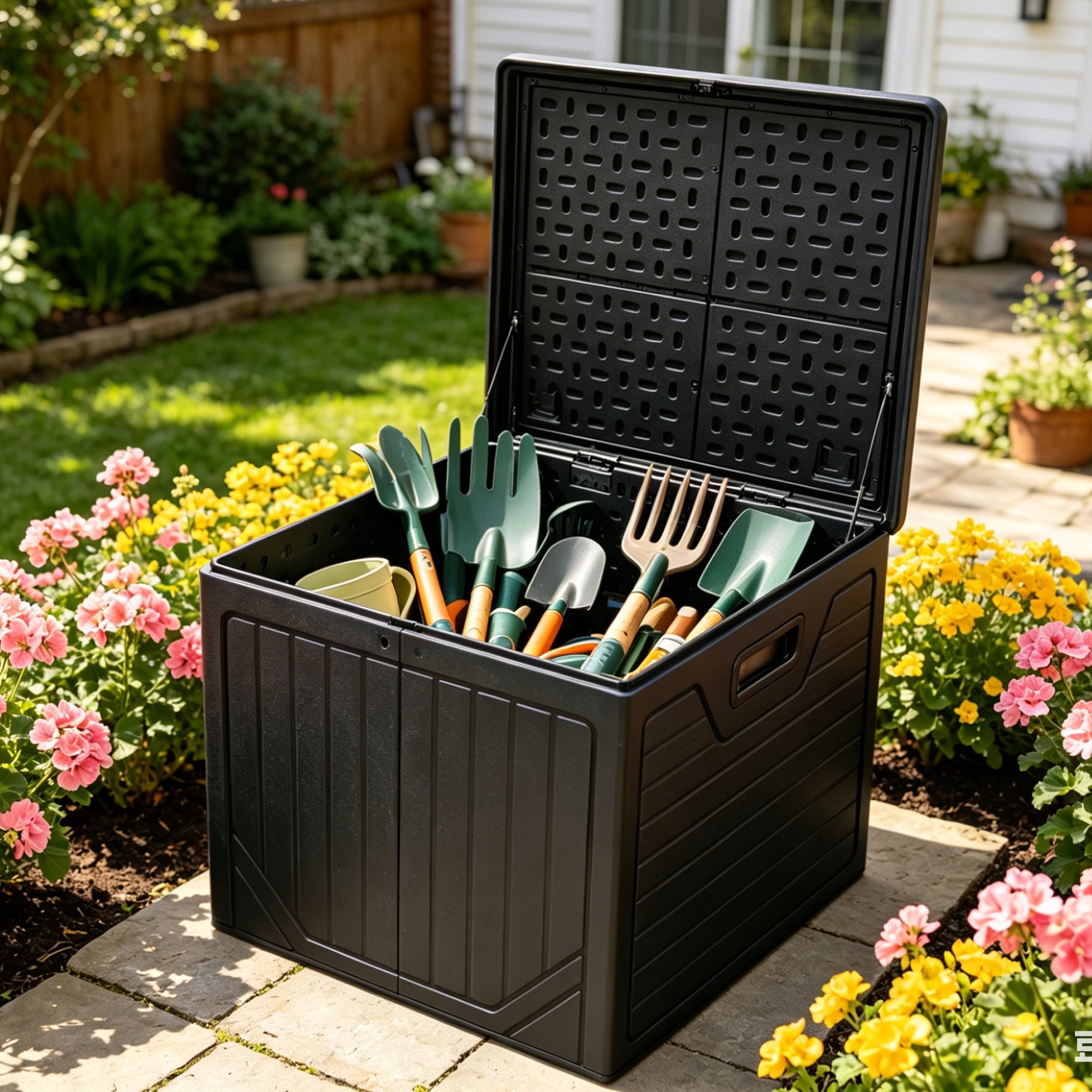 Uforic 150 Gallon Outdoor Resin Deck Box, Lockable Waterproof Patio Storage Bin for Garden Tools, Pool Supplies and Outdoor Furniture Cushions, Black