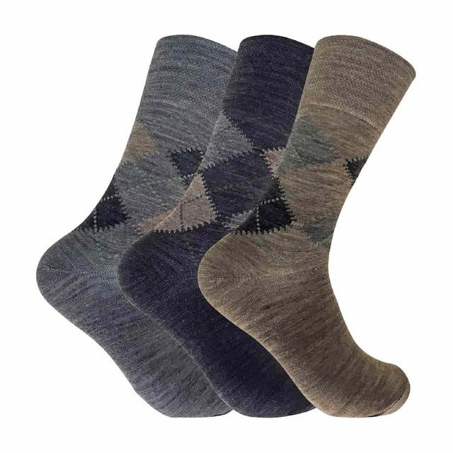 Sock Snob - 3 Pack Mens Non Elastic Lambs Wool Blend Pattern Socks for Circulation