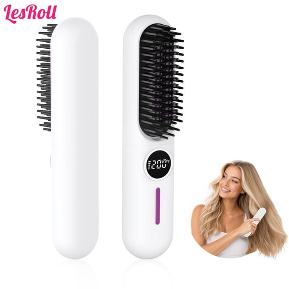 LESROLL Compact Professional 8.27*1.81 Plastic Heated Hair Straightening Brush, Anti-Static Technology, White