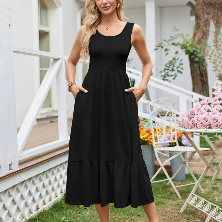 Xunlbb Solid Long Dresses for Women Ladies Lightweight Max Dress with Round Neck Sleeveless Breathable Dress Side Key Pockets Summer Vacation Beach