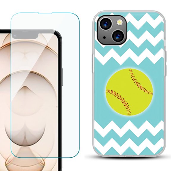 Slim-Fit Flexible TPU Gel Phone Case for iPhone 13, with Tempered Glass Screen Protector, by OneToughShield ® - Chevron/Softball