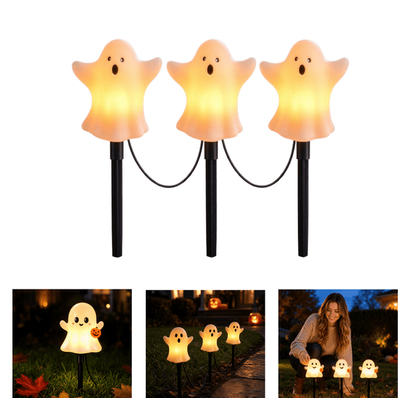 Halloween Ghost Pathway Lights Set of 3, Easy to Install, Warm White Light Up Ghost Lawn Decor Lamp, Waterproof Outdoor Ground Light for Yard Garden Sidewalk Halloween Party Holiday Ornament (1, #A)