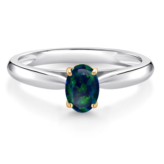 Gem Stone King 0.50 Ct Oval Cabochon Green Simulated Opal 10K White and Yellow Gold Solitaire Engagement Ring (Size 9)
