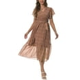 thumbnail image 3 of Aiyino Women Summer Bohemian Floral Casual Wrap V Neck Ruffle Cap Sleeveless Belt A-Line Pleated Hem Swing Midi Sun Dress，Coffee, 3 of 9