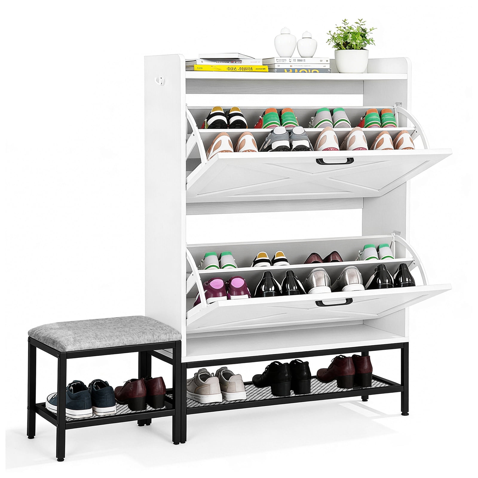White 2-Door Barn Style Shoe Cabinet with Padded Bench, Flip-Down Compartments, Metal Mesh & Side Hook, Slim Storage Organizer for Entryway Hallway Mudroom