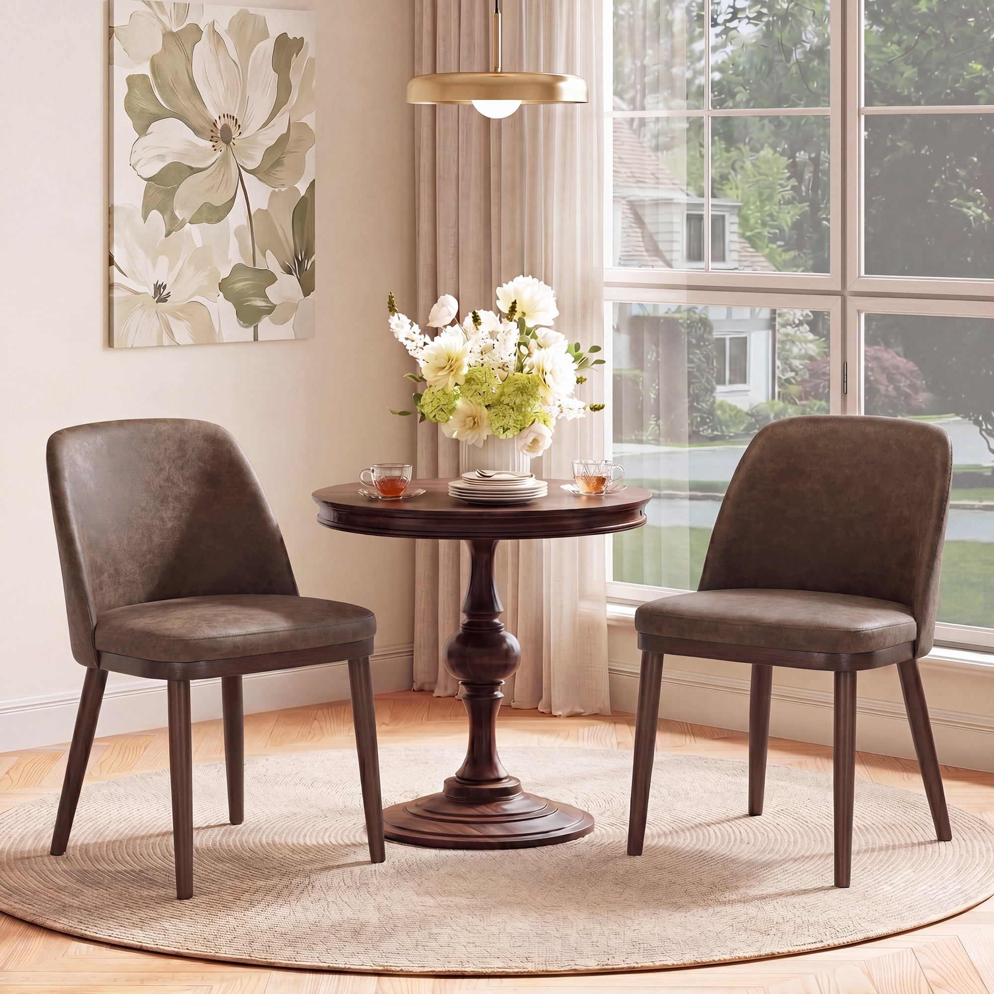 Modern Upholstered Dining Chairs Set of 4 — Faux Leather Padded Side Chairs with Solid Wood Legs for Kitchens and Dining Rooms, Darkbrown