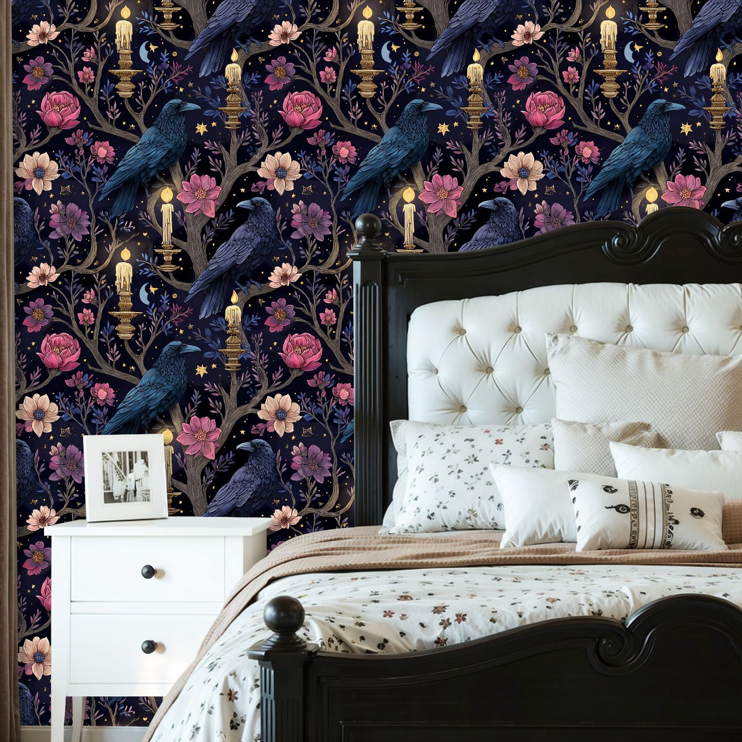 Peel and Stick Wallpaper Raven Floral Candles Starry Night Wall Mural 23.6in x 9.8ft Self Adhesive Removable Wall Paper Renter Friendly Wallpaper for Nursery Bedroom Cabinets