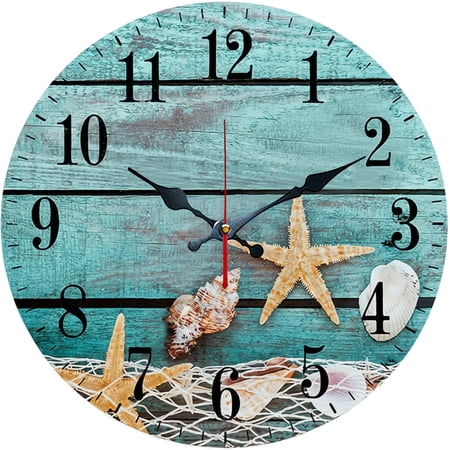 Hoease 10 Inch Silent Wall Clock, Distressed Blue Wood Starfish Shell Decorative Wall Clock, Battery Operated Non-Ticking Round Clock for Living Room Bedroom Bathroom Home Decor