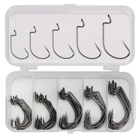 50pc Carbon Steel Wide Crank Fishing Hook Set for Soft Worm Lure Barbed Hook