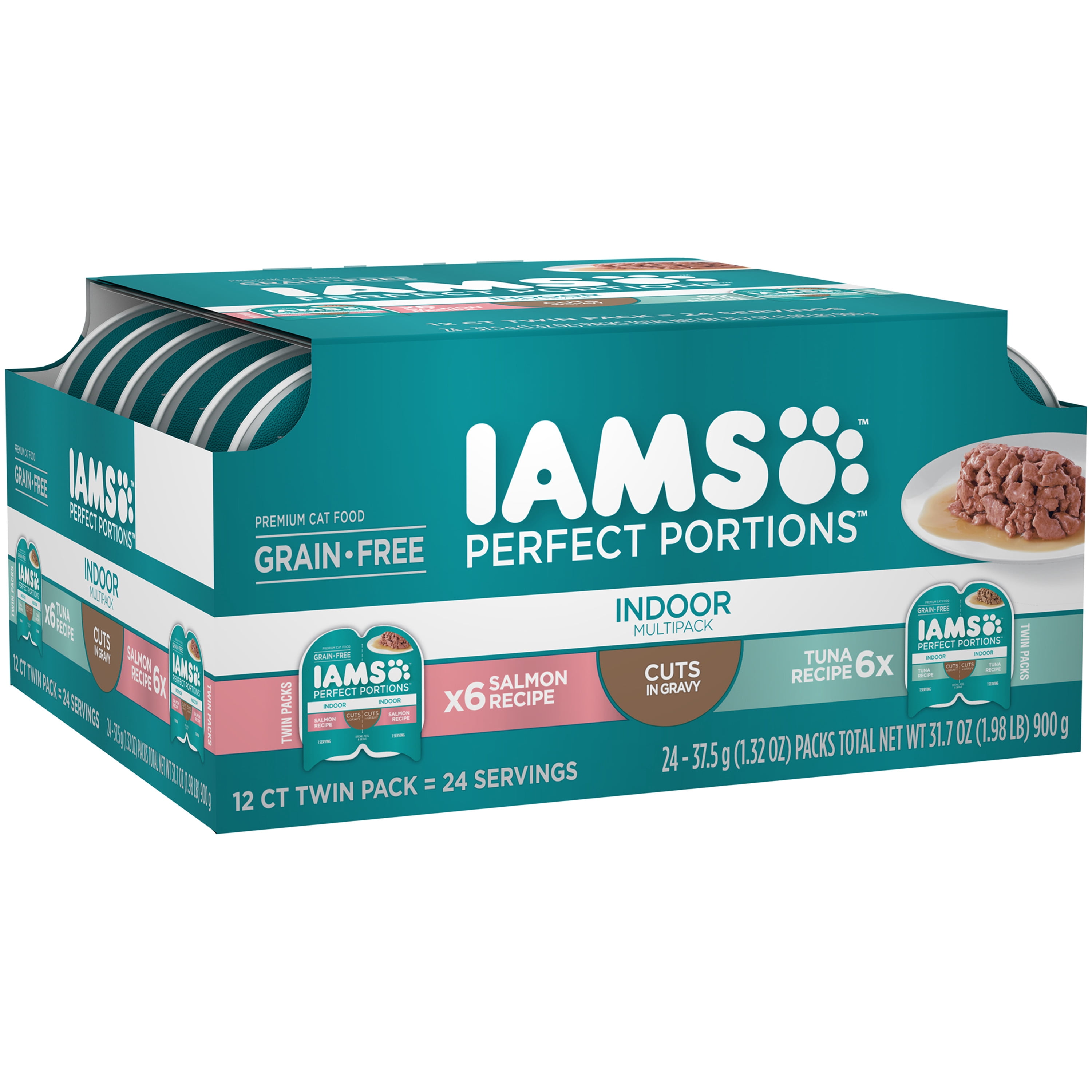 (2 pack) Iams Perfect Portions Indoor Grain Free Wet Cat Food Cuts In Gravy Tuna Recipe, Salmon Recipe Variety Pack, (12) 2.6 Oz Twin-Pack Trays