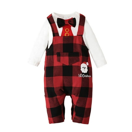

Honeeladyy Spring And Autumn Christmas Long Sleeve Bow Tie Romper + Plaid Bib Two-Piece Suit White