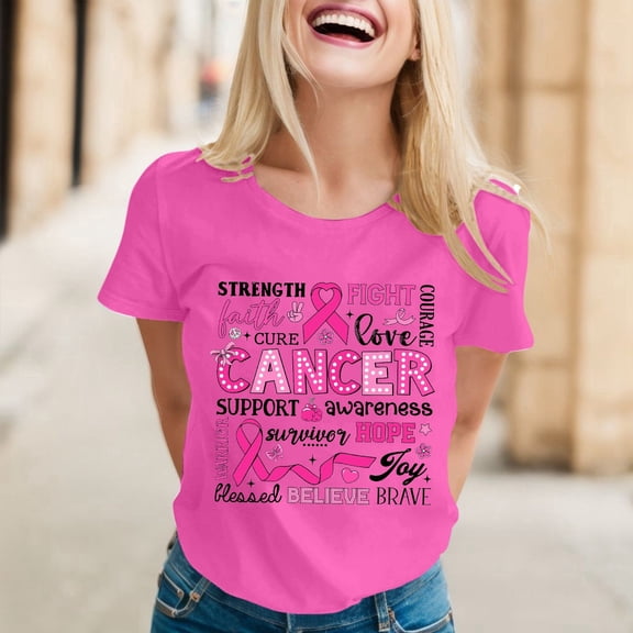 Xmyrz Crew Neck T Shirts for Women Short Sleeve Cancer Awareness Letter Print Shirts Loose Fit Tops Hot Pink L