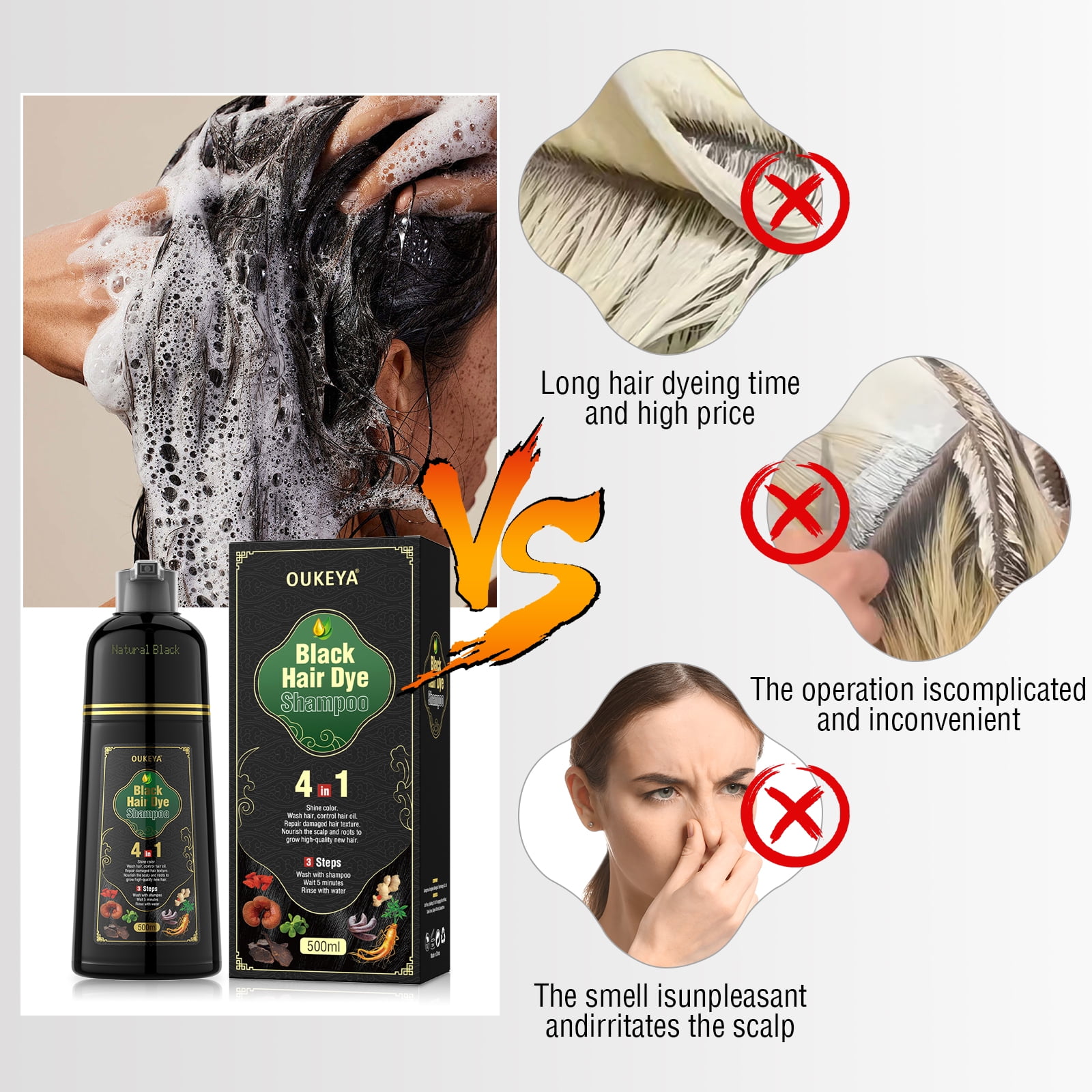 OUKEYA 4-in-1 Gray Coverage Shampoo for Women and Men with Natural