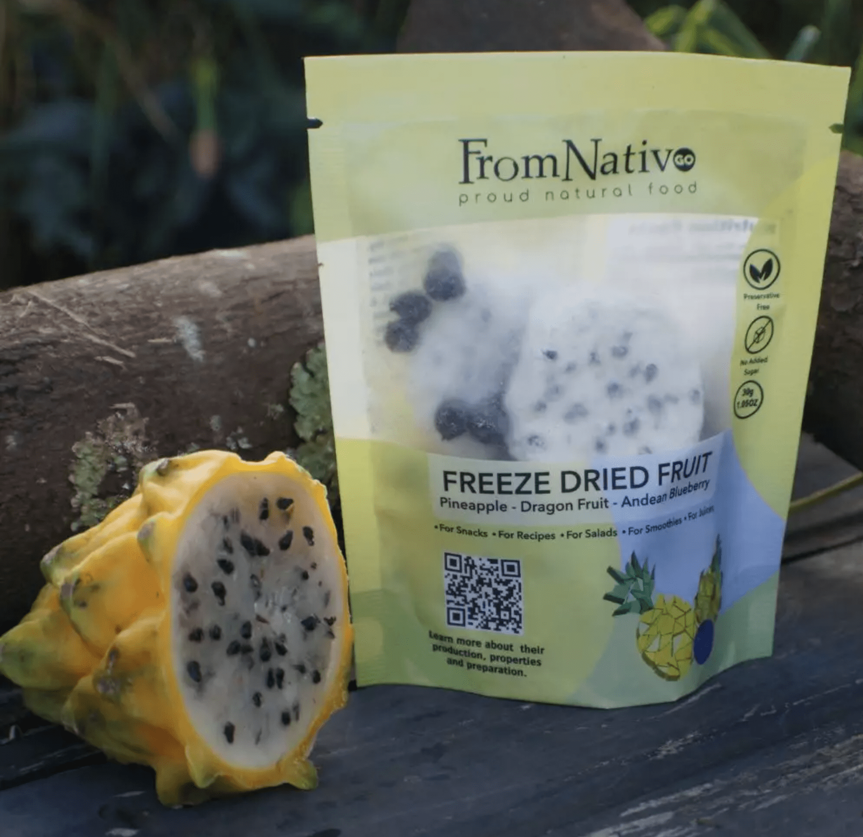 FromNativoGo | Freeze Dried Fruit Snack: Pineapple, DragonFruit, Andean Blueberry | 3Pack | 3.05OzE