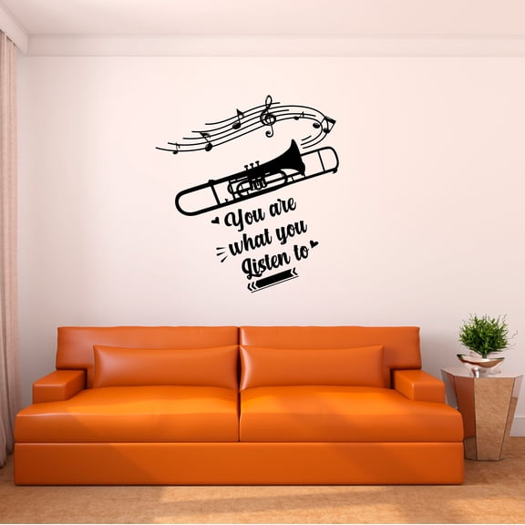 Music Wall Decal Rocking Trumpet Silhouette with Musical Notes Bedroom Wall Decal for Boys Instrument Cute Themed Room Décor - Size: 9 In x 10 In