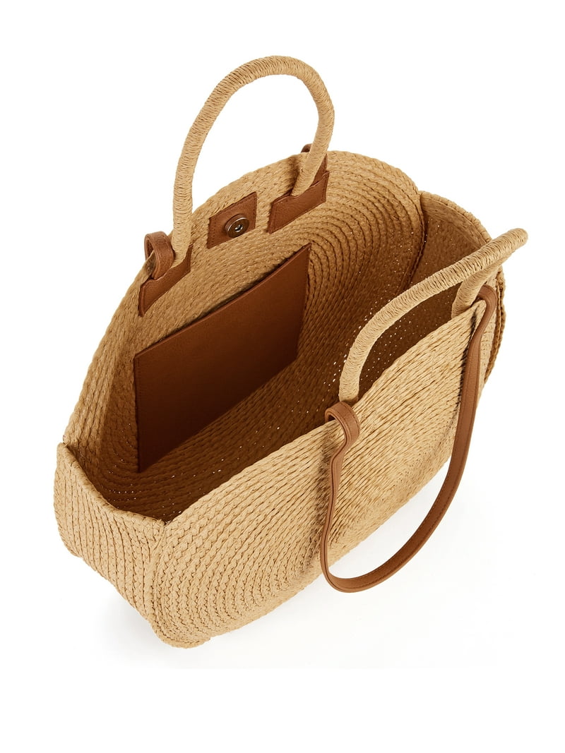 Time and Tru Women's Striped Straw Circle Tote Bag with
