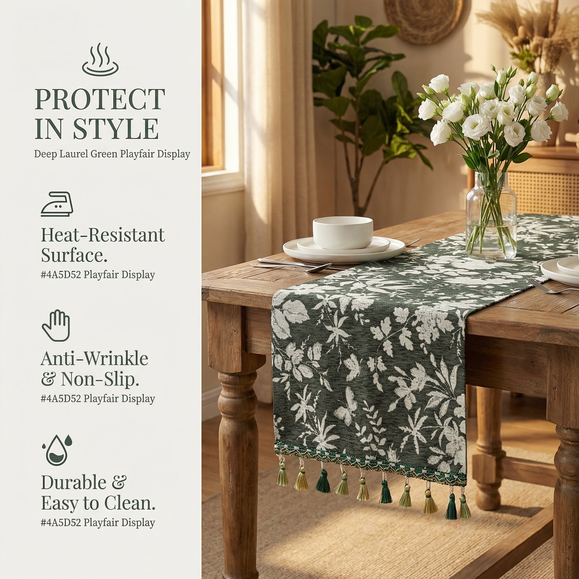 Unique Bargains Floral Table Decoration Kitchen Runner with Tassel Green 13.8x70.9in