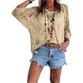 thumbnail image 2 of Women's Bohemian-Inspired Beige Crochet Top with V-Neck,Summer Crochet Long Sleeve Sexy Tops,Beach Cover Ups Light Brown L, 2 of 7