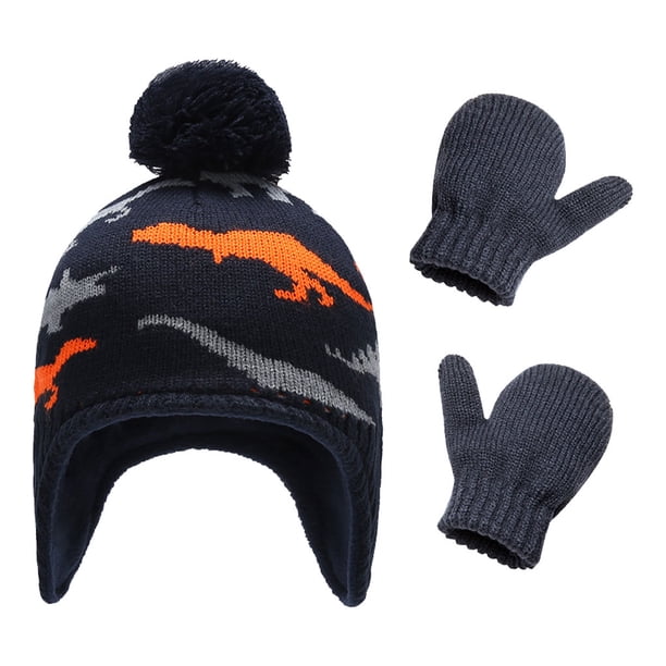 Minnieouse Sombrero Guantes Kit Diseño de orejeras Manoplas de punto para niños con patrones de dinosaurios Animal Accesorios de invierno Regalo de Año Sombreros naranja M 2-3 anni Minnieouse AP009413-20B