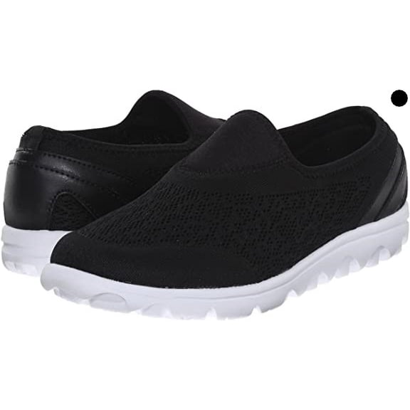 propet women's travelactiv slip on fashion sneaker, black, 7.5 w us